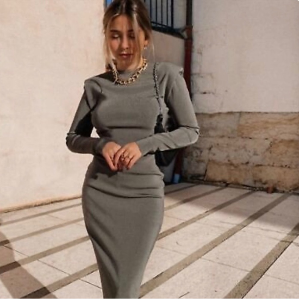 ZARA Shoulder Pad Knit Midi Dress